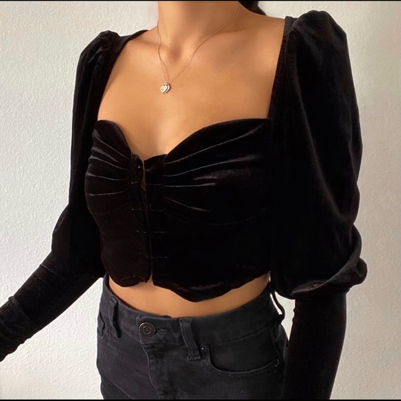 NWT Long-sleeve Velvet Crop-Top, Hook and Eye Front Closure - Picture 1 of 2
